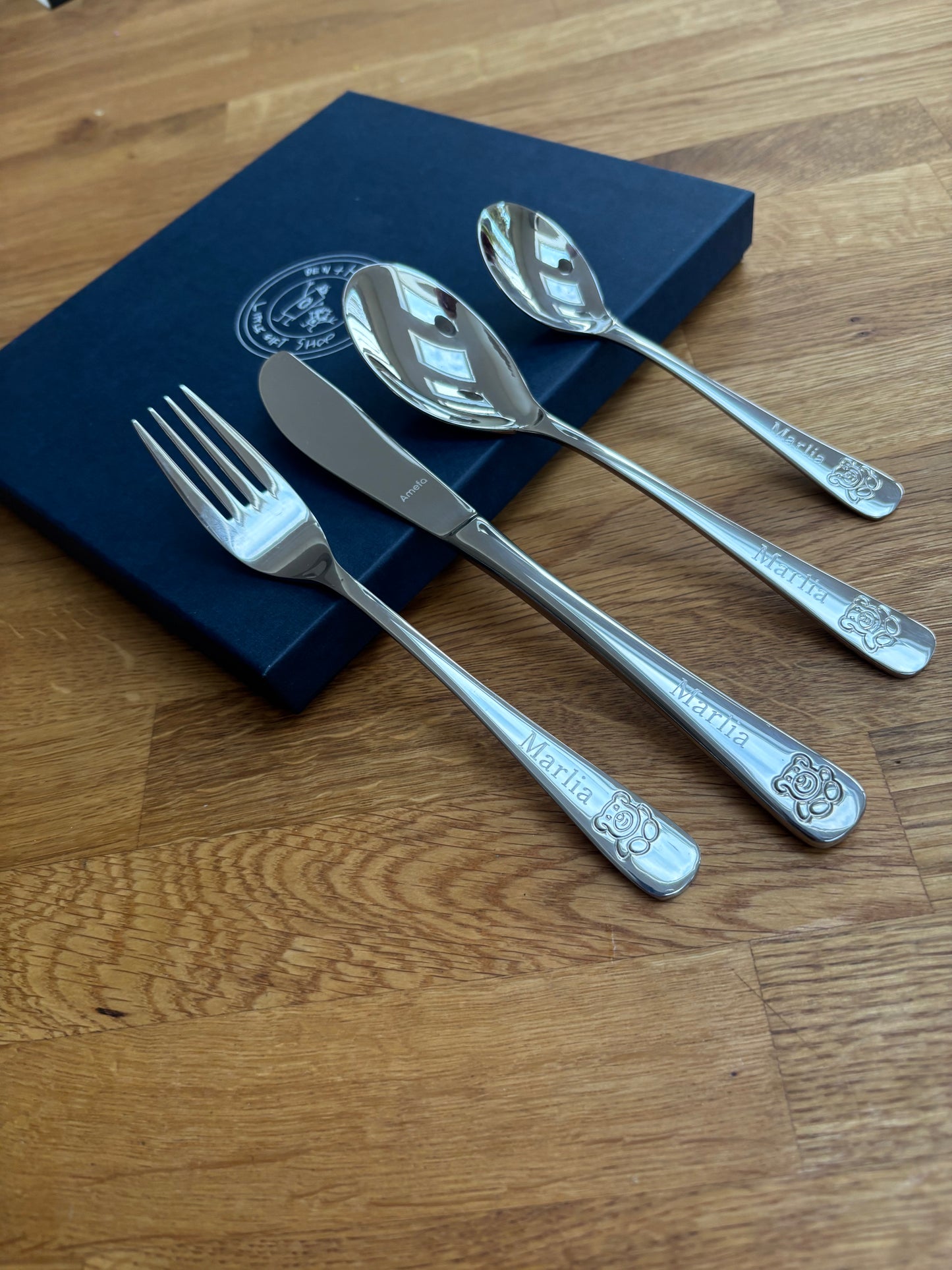 Teddy Bear 4 Piece Childrens 18/10 Stainless Steel Cutlery Set in bespoke presentation box Professionally Engraved with recipients name