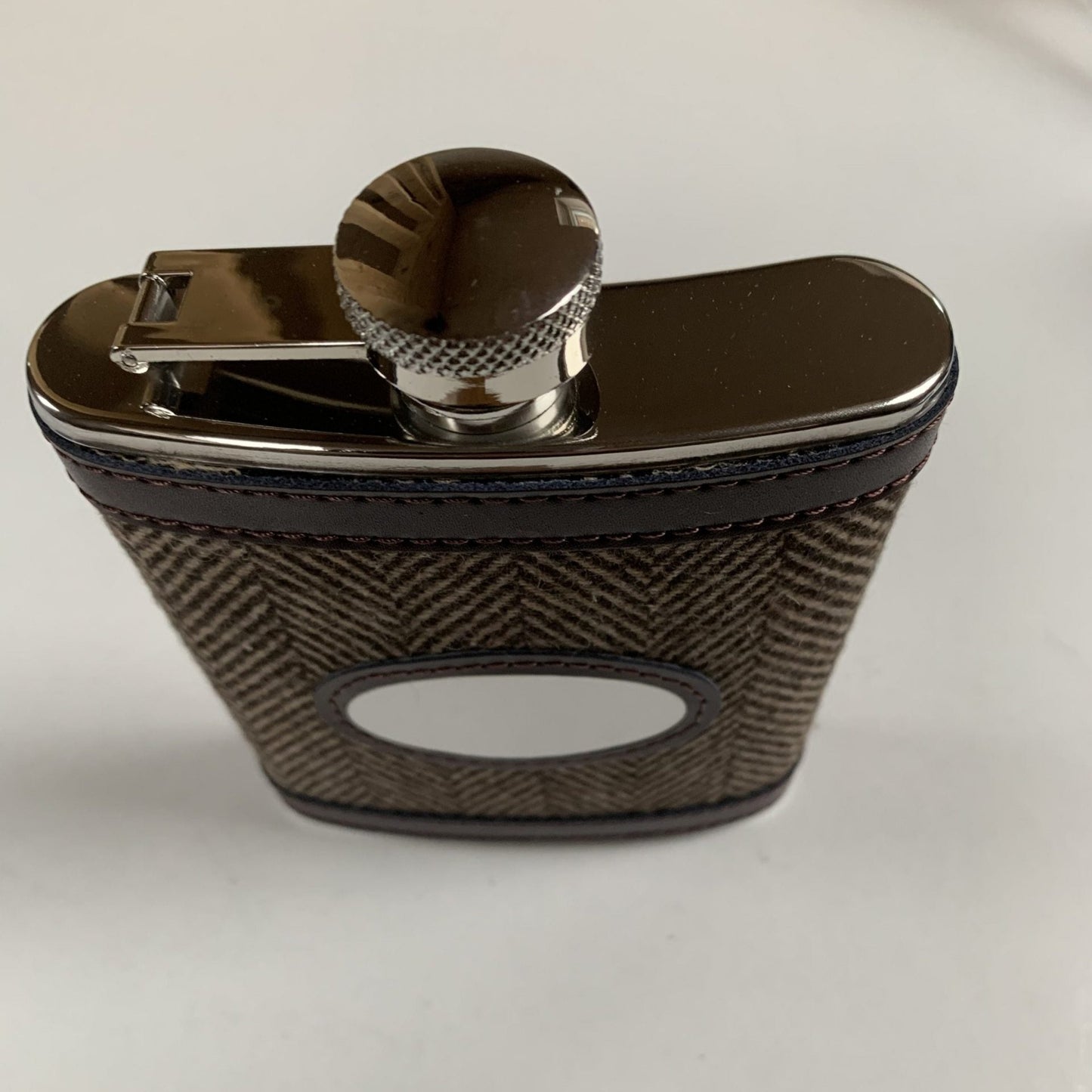 Tweed Herringbone Clad 6oz Hip Flask with Leather trim Engraved with message