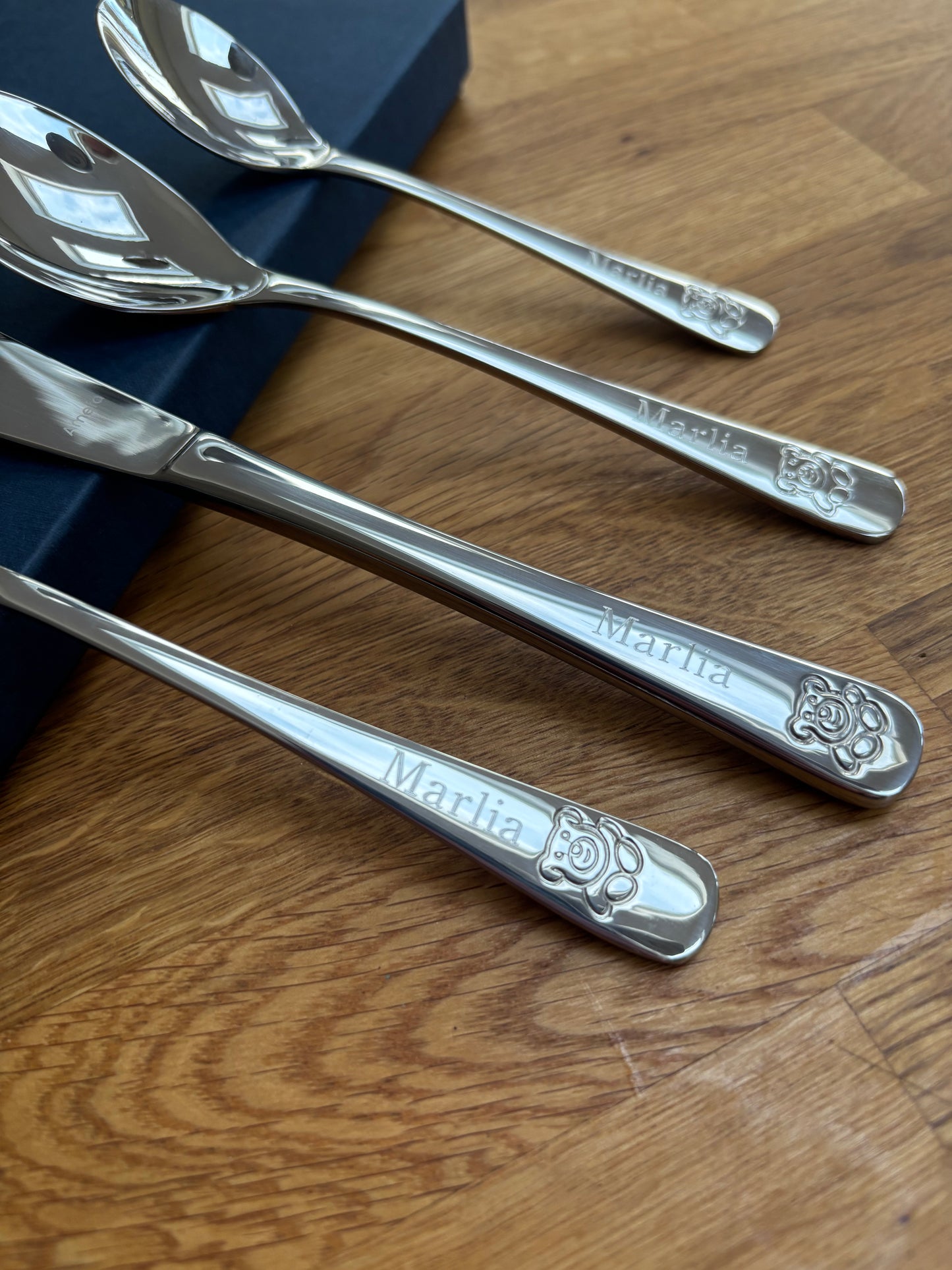 Teddy Bear 4 Piece Childrens 18/10  Stainless Steel Cutlery Set in bespoke presentation box Professionally Engraved with recipients name