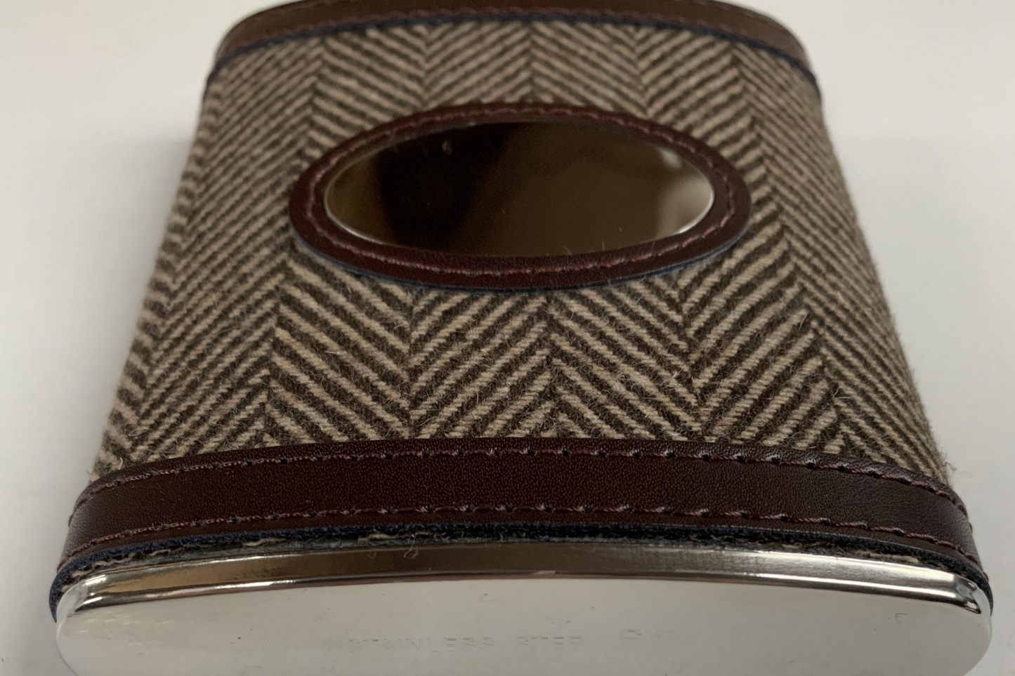 Tweed Herringbone Clad 6oz Hip Flask with Leather trim Engraved with message