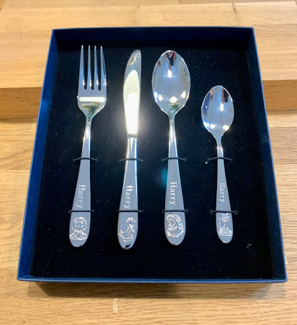 Dinosaur Children's 4 Piece Cutlery set in Bespoke Giftbox Perfect Christmas Christening Baptism Birthday Gift