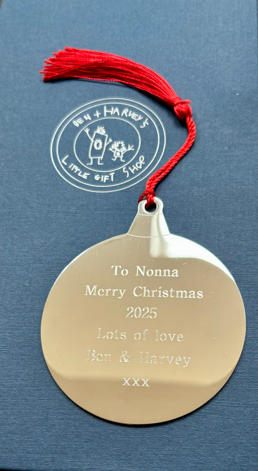 Christmas tree decoration Stainless steel engraved bauble with mirror finish expertly engraved using a diamond cutter
