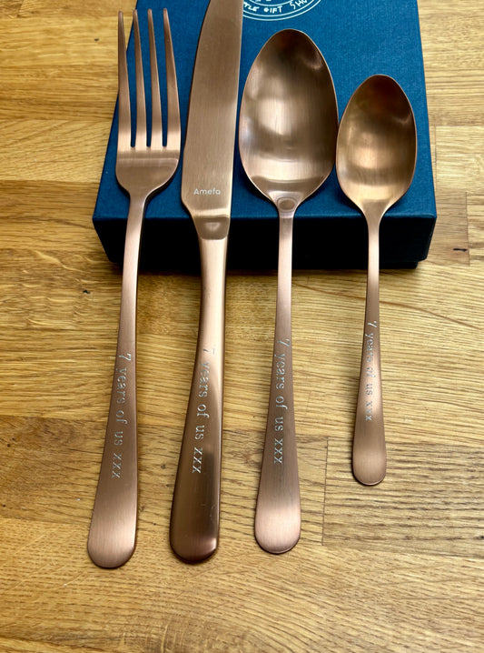 Copper Coated Cutlery Set: Personalised Engraved Copper Wedding Anniversary Gift