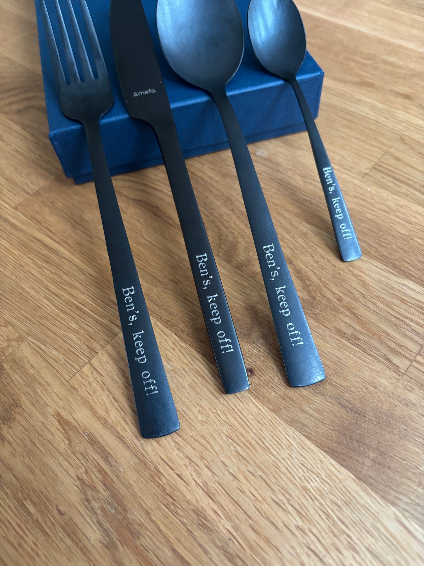 Personalised Black Stainless Steel Cutlery Set: Engraved Wedding Anniversary Gift