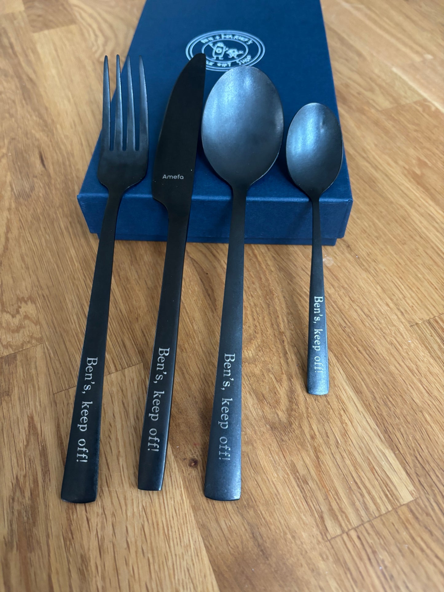 Personalised Black Stainless Steel Cutlery Set: Engraved Wedding Anniversary Gift