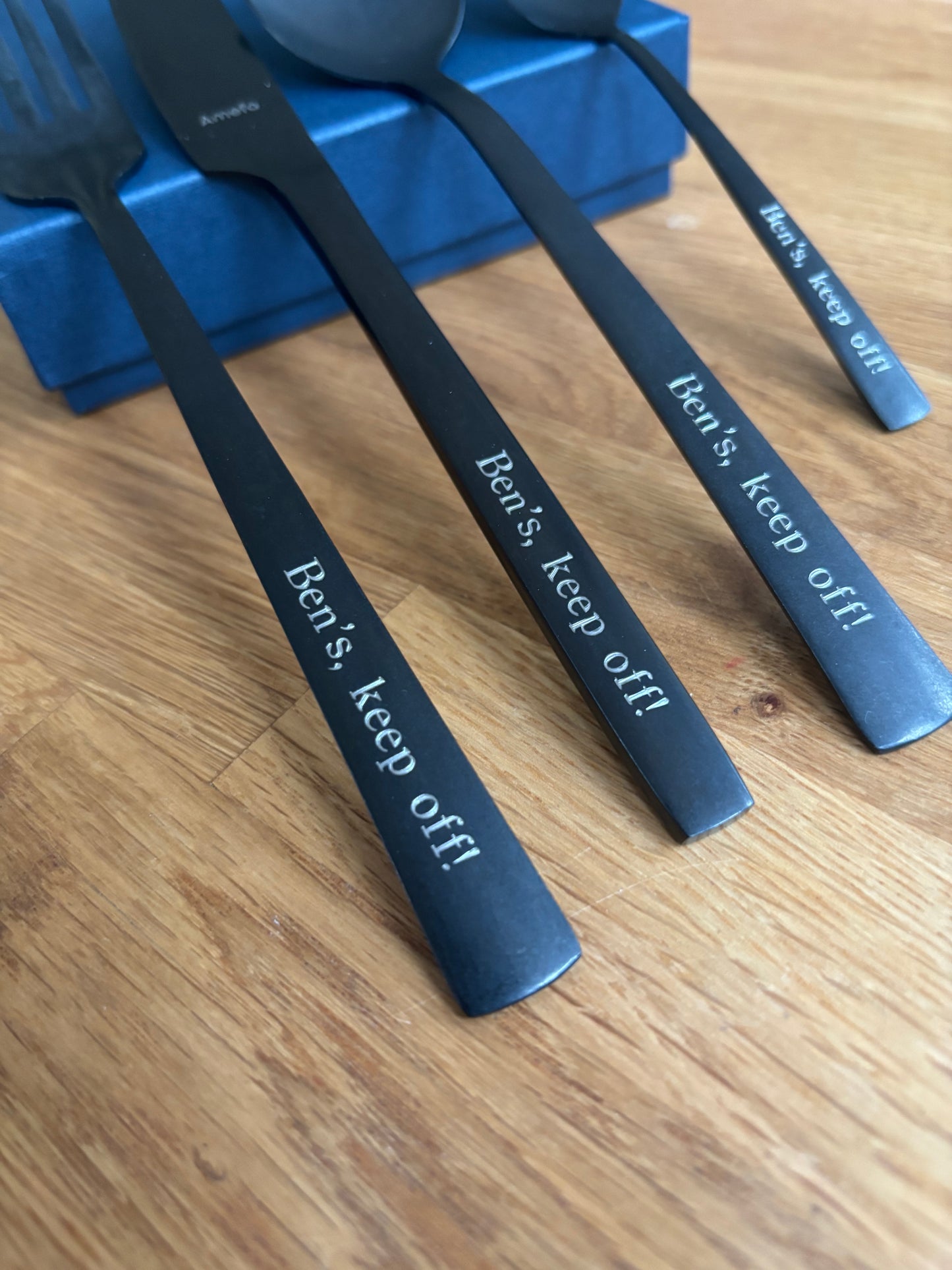 Personalised Black Stainless Steel Cutlery Set: Engraved Wedding Anniversary Gift