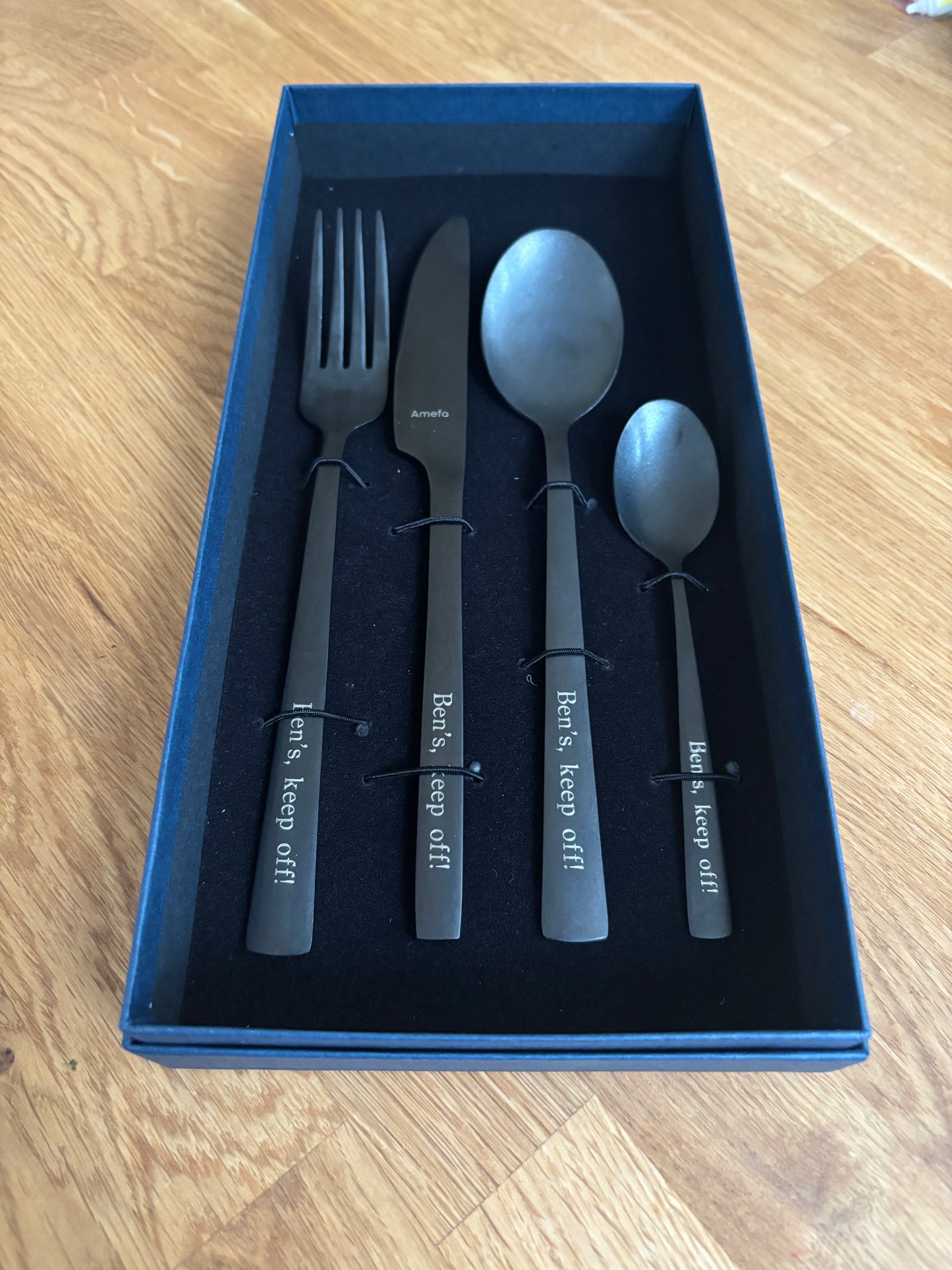 Personalised Black Stainless Steel Cutlery Set: Engraved Wedding Anniversary Gift