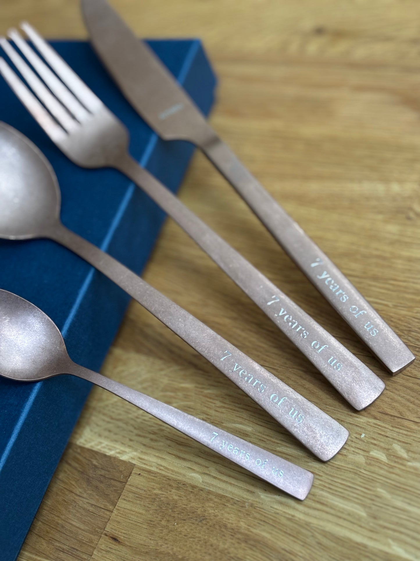 Engraved Copper Rose Gold Coloured Cutlery Set: Personalised Copper Wedding Anniversary Gift