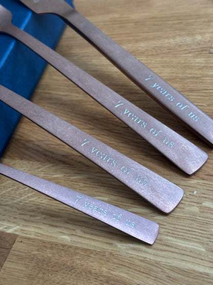 Engraved Copper Rose Gold Coloured Cutlery Set: Personalised Copper Wedding Anniversary Gift