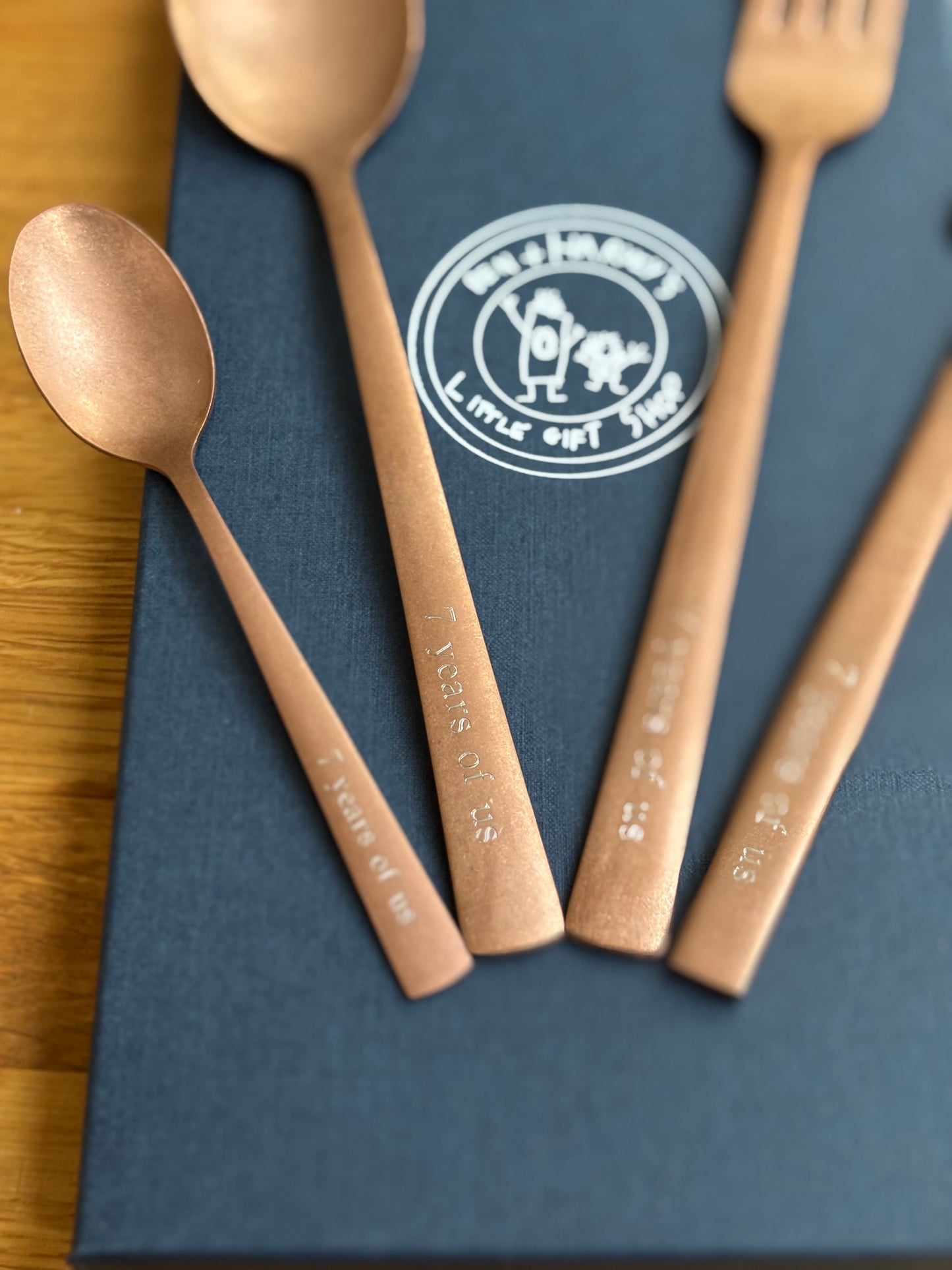 Engraved Copper Rose Gold Coloured Cutlery Set: Personalised Copper Wedding Anniversary Gift