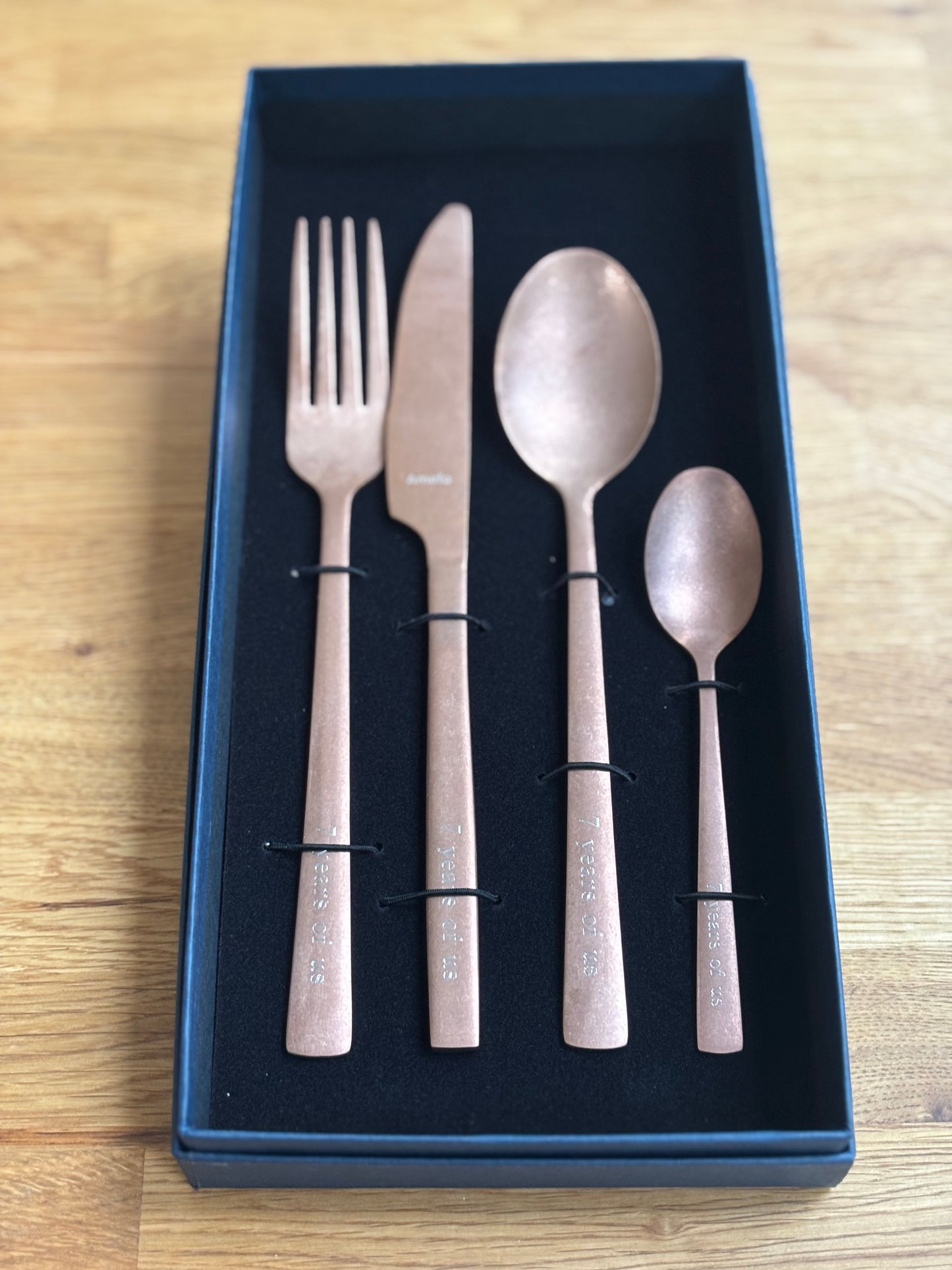 Engraved Copper Rose Gold Coloured Cutlery Set: Personalised Copper Wedding Anniversary Gift