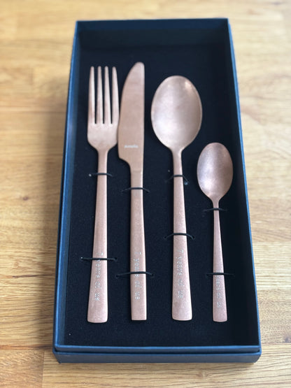 Engraved Copper Rose Gold Coloured Cutlery Set: Personalised Copper Wedding Anniversary Gift