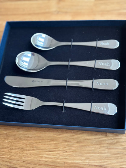 Viners 4 piece Childs Cutlery Set Engraved with a bespoke gift box