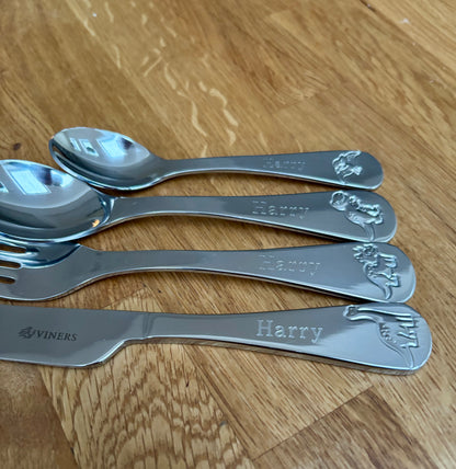 Personalised Children's Dinosaur Cutlery Set: Viners Engraved Roarsome, Stainless Steel Christening Christmas Gift