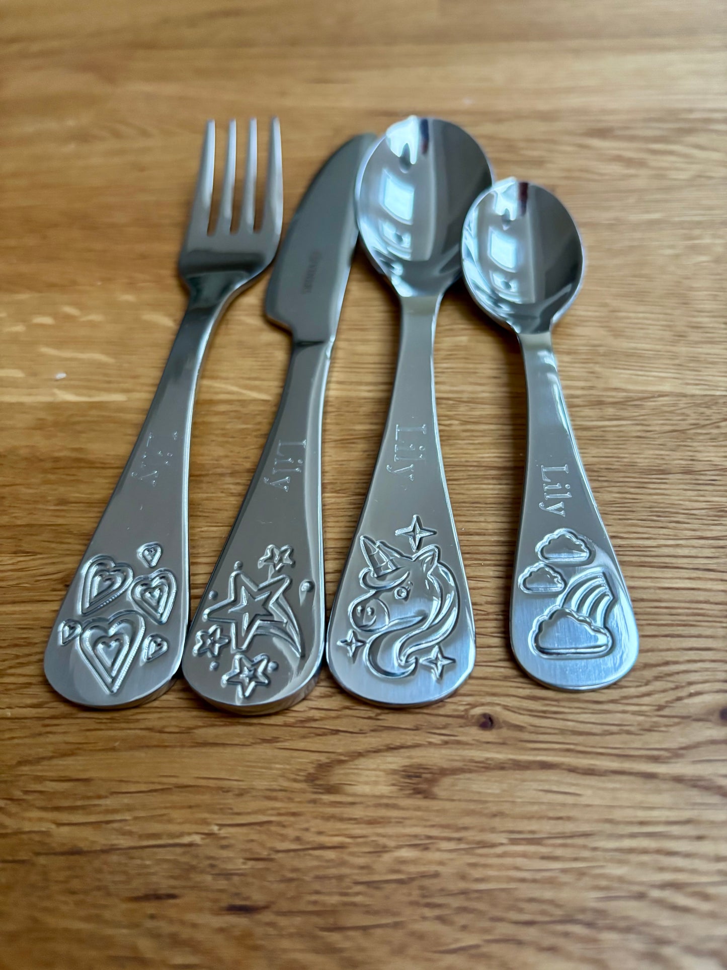 Personalised Unicorn Stars Hearts and Rainbow Cutlery Set - Viners Kids Engraved Silverware