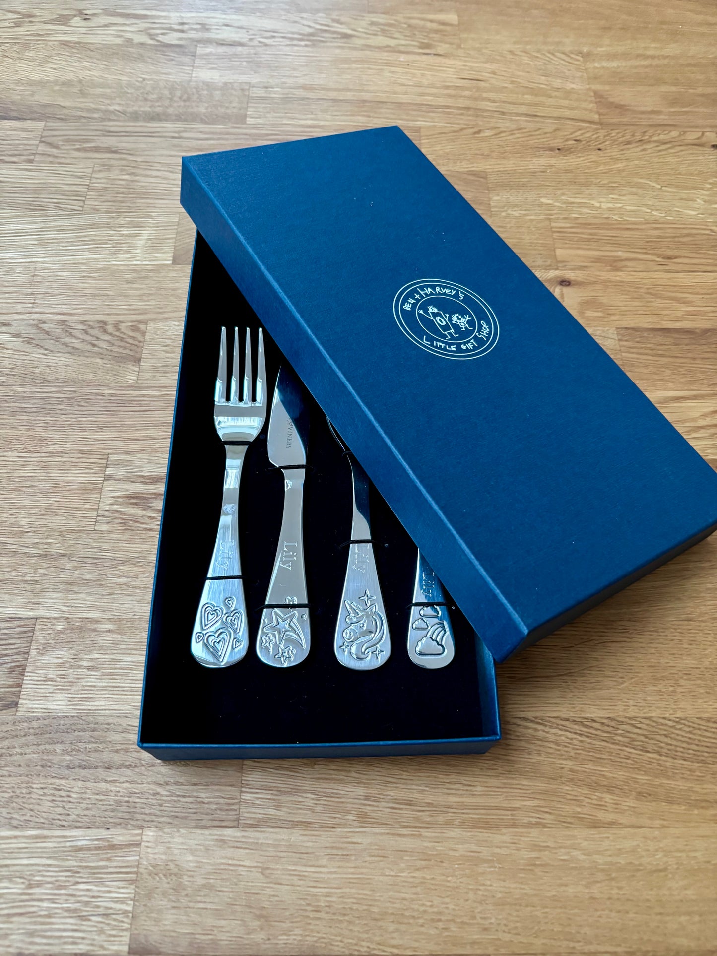 Personalised Unicorn Stars Hearts and Rainbow Cutlery Set - Viners Kids Engraved Silverware
