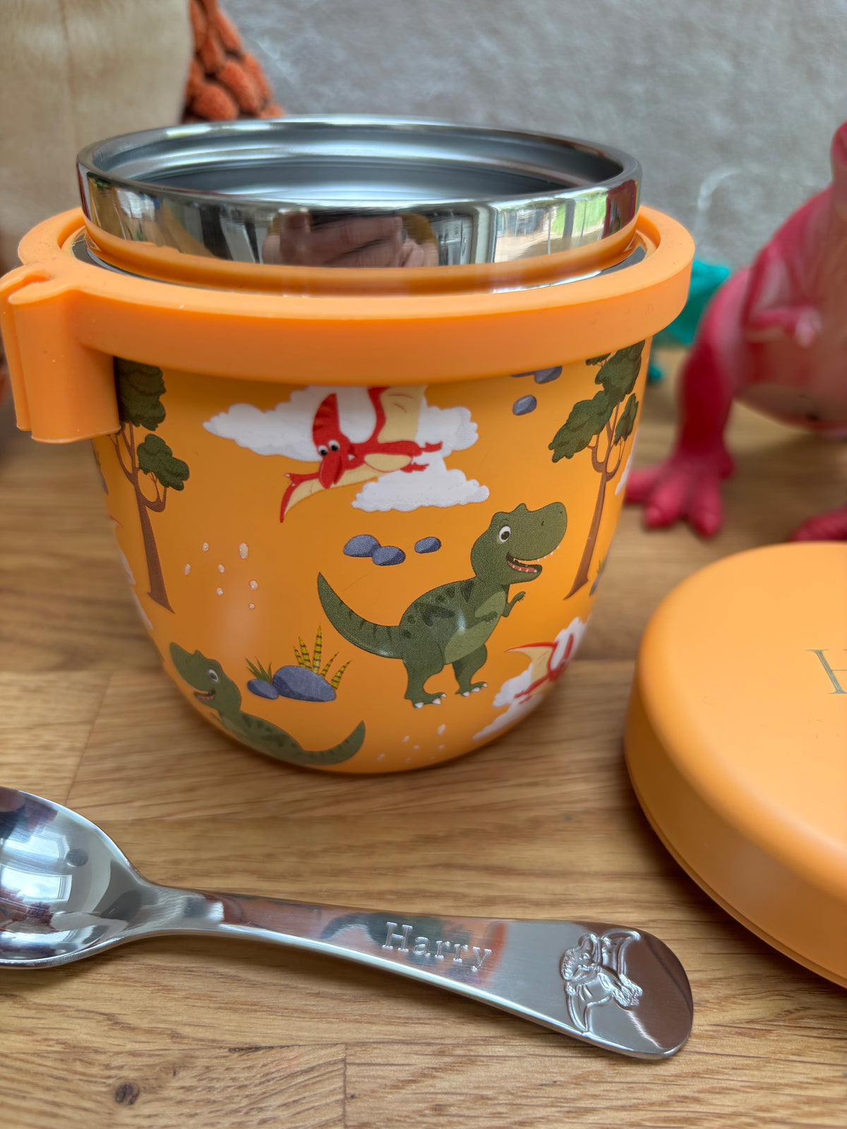 Personalised Viners Dinosaur food flask and spoon set