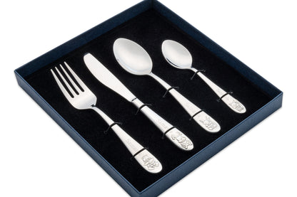 Childrens 4 Piece Cutlery set featuring a Squirrel, Fox, Rabbit & Badger in a bespoke Giftbox Perfect Christening Gift