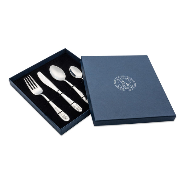Personalised Engraved Childrens Kids 4 Piece Cutlery set featuring a Squirrel, Fox, Rabbit & Badger in a bespoke Giftbox Perfect Christening Gift