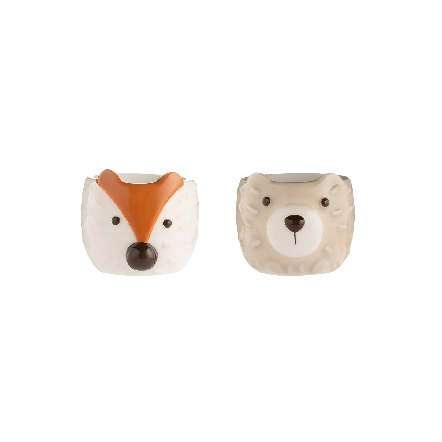 Woodland animals egg cup set. Featuring a hand painted fox and hedgehog.