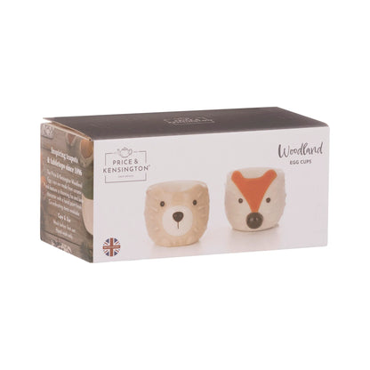 Woodland animals egg cup set. Featuring a hand painted fox and hedgehog.