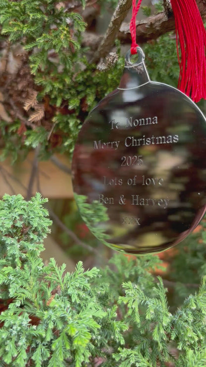 Christmas tree decoration Stainless steel engraved bauble with mirror finish expertly engraved using a diamond cutter
