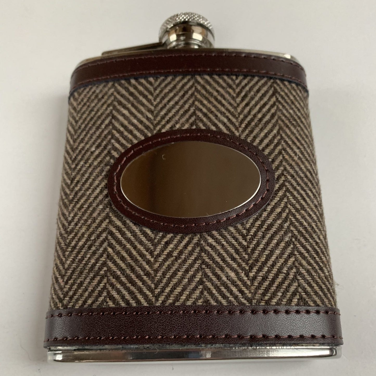 Tweed Herringbone Clad 6oz Hip Flask with Leather trim Engraved with message