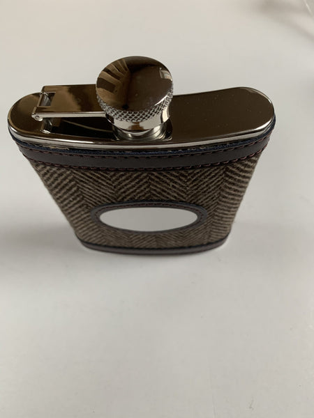 Tweed Herringbone Clad 6oz Hip Flask with Leather trim Engraved with message