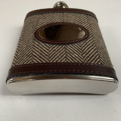 Tweed Herringbone Clad 6oz Hip Flask with Leather trim Engraved with message