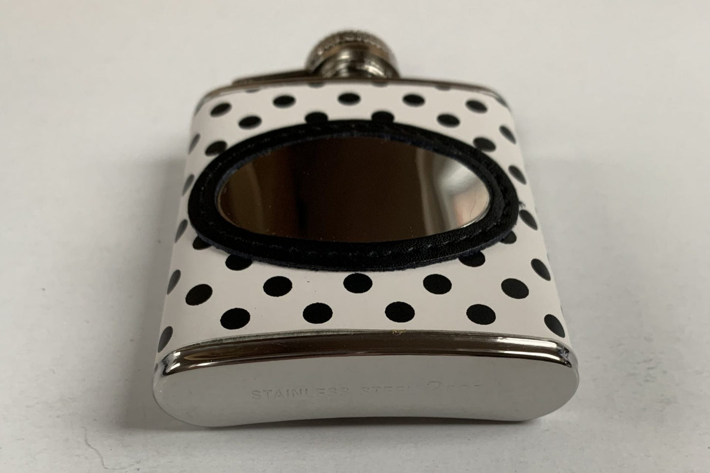 Leather Black and White Polka dot clad hip flask engraved with your message