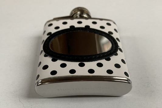 Leather Black and White Polka dot clad hip flask engraved with your message