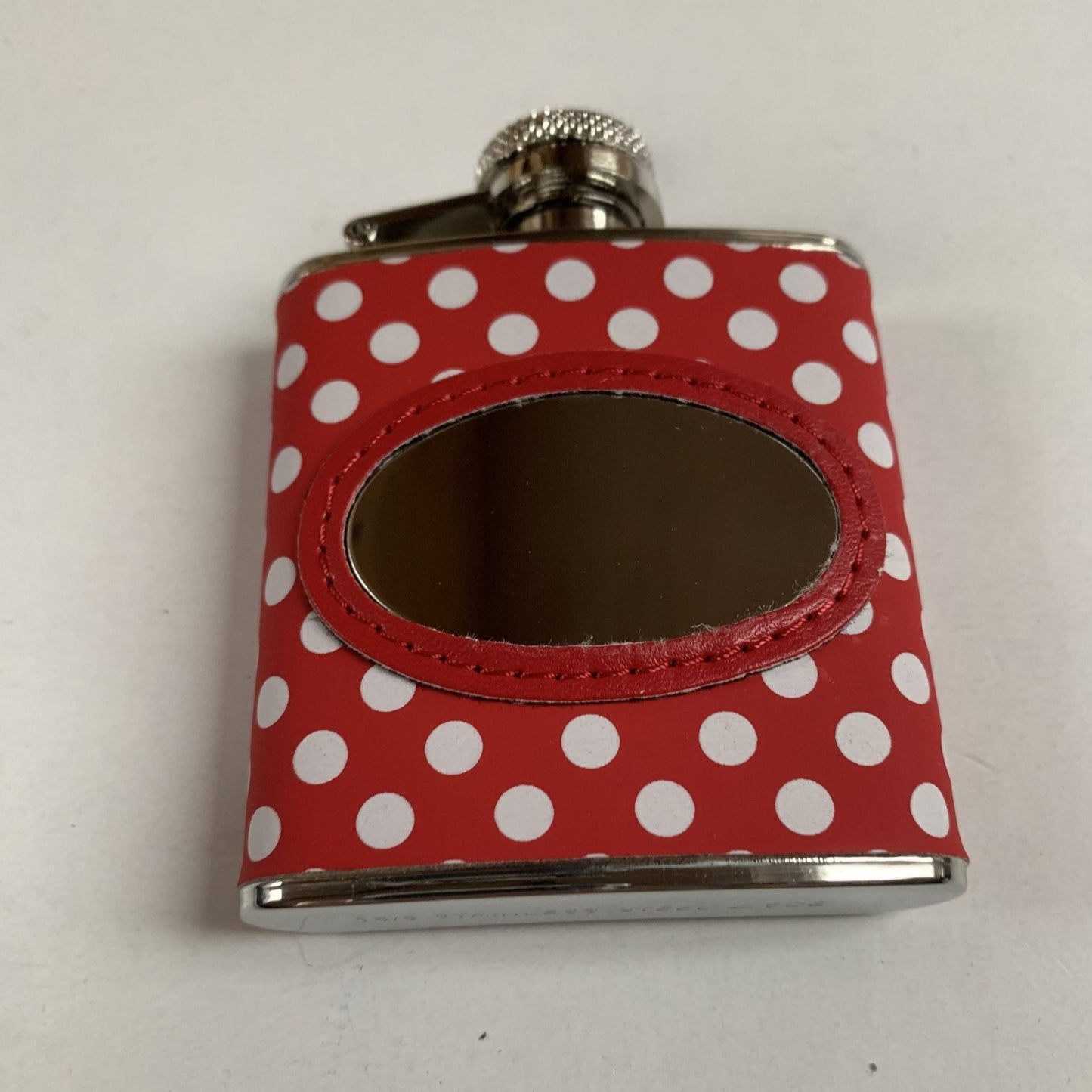 Leather Red and White Polka dot clad hip flask engraved with your message