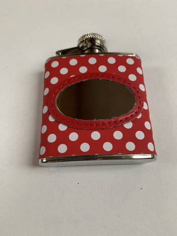 Leather Red and White Polka dot clad hip flask engraved with your message