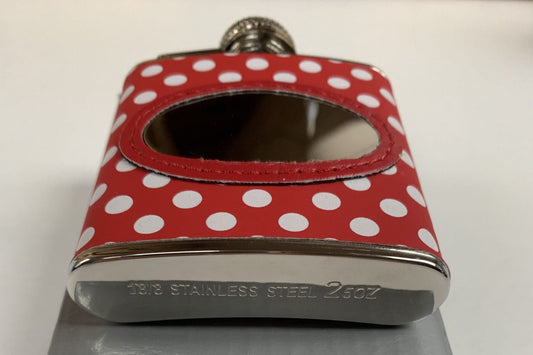 Leather Red and White Polka dot clad hip flask engraved with your message