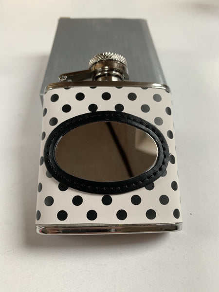 Leather Black and White Polka dot clad hip flask engraved with your message
