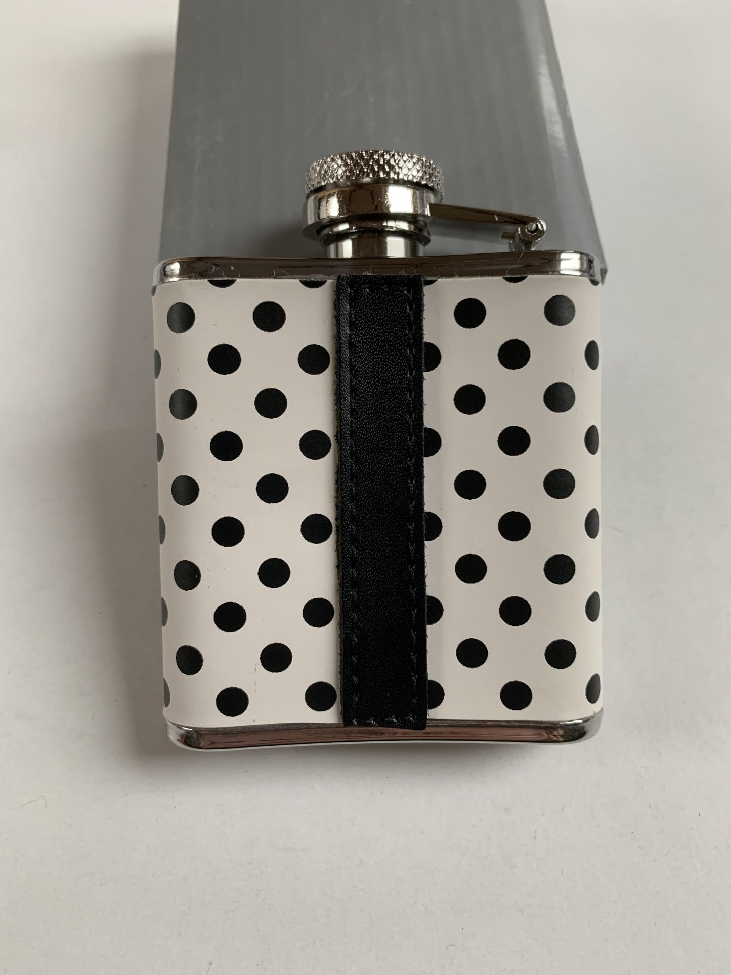 Leather Black and White Polka dot clad hip flask engraved with your message