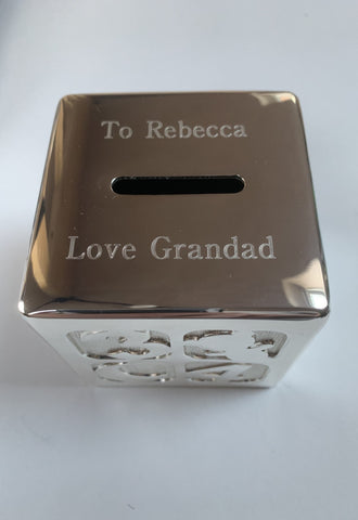 PERSONALISED SILVER PLATED MONEY BOX