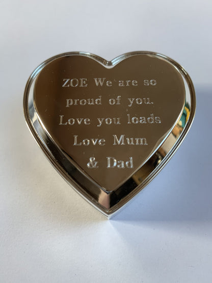 Heart Shaped Personalised Engraved Silver Plated Trinket Box Free Delivery