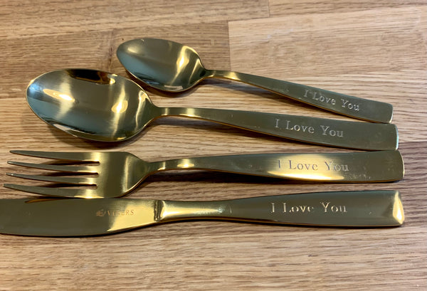 Viners Personalised Engraved Adults 4 Piece GOLD TITANIUM PLATED Cutlery Set With Bespoke Presentation Box