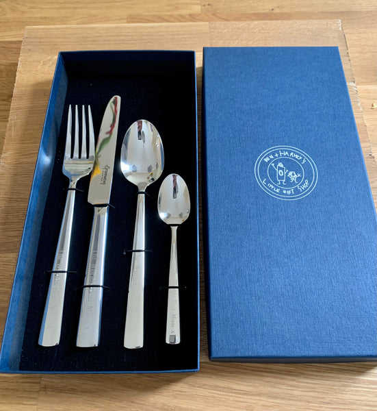 Viners Personalised Engraved Adults 4 Piece Cutlery Set In a Bespoke Presentation Box Engraved with a different short message on each piece of cutlery
