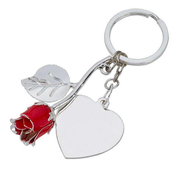 Silver Plated Red Rose Keyring with Engraved Personalised Message Free Delivery