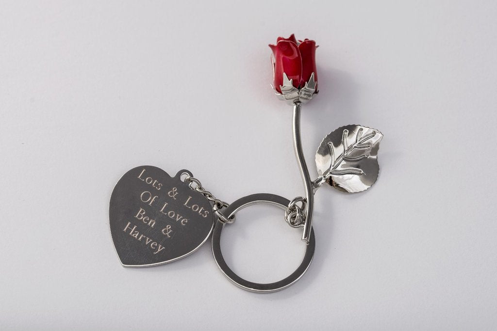 Silver Plated Red Rose Keyring with Engraved Personalised Message Free Delivery