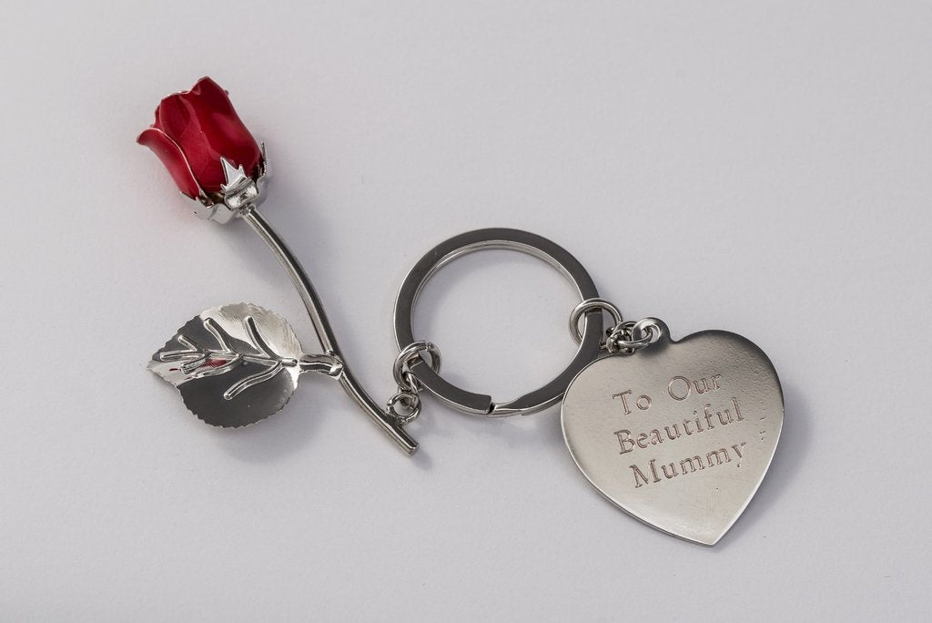 Silver Plated Red Rose Keyring with Engraved Personalised Message Free Delivery